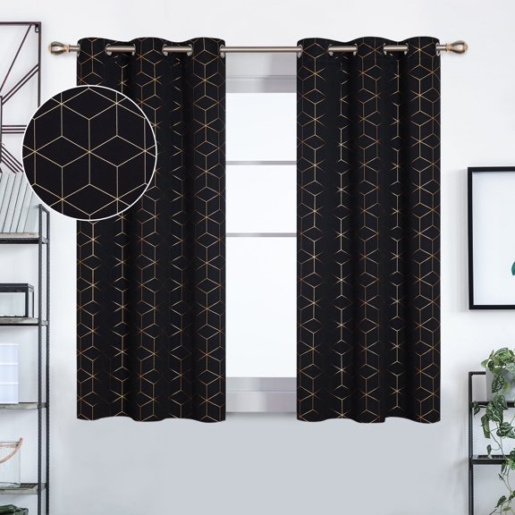 Deconovo Gold Diamond Foil Print Blackout Curtains for Living Room, 42x63 inches, 2 Panels(Black)