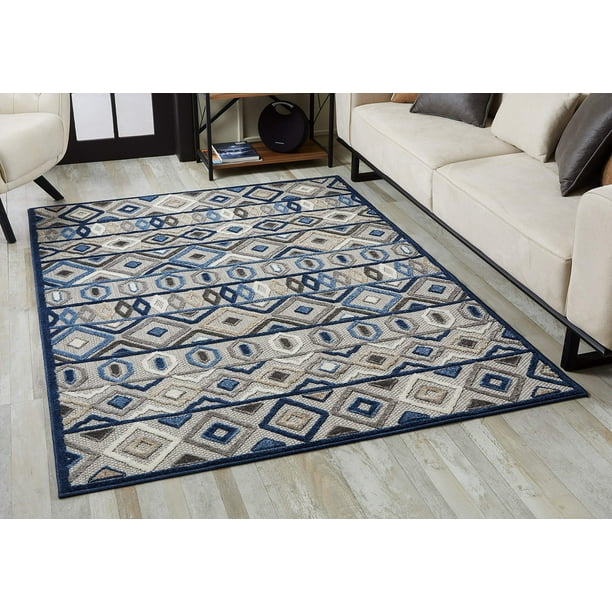 Alfombra decorativa KAS Rugs Calla de felpa azteca gris y azul, 70 x 120 cm