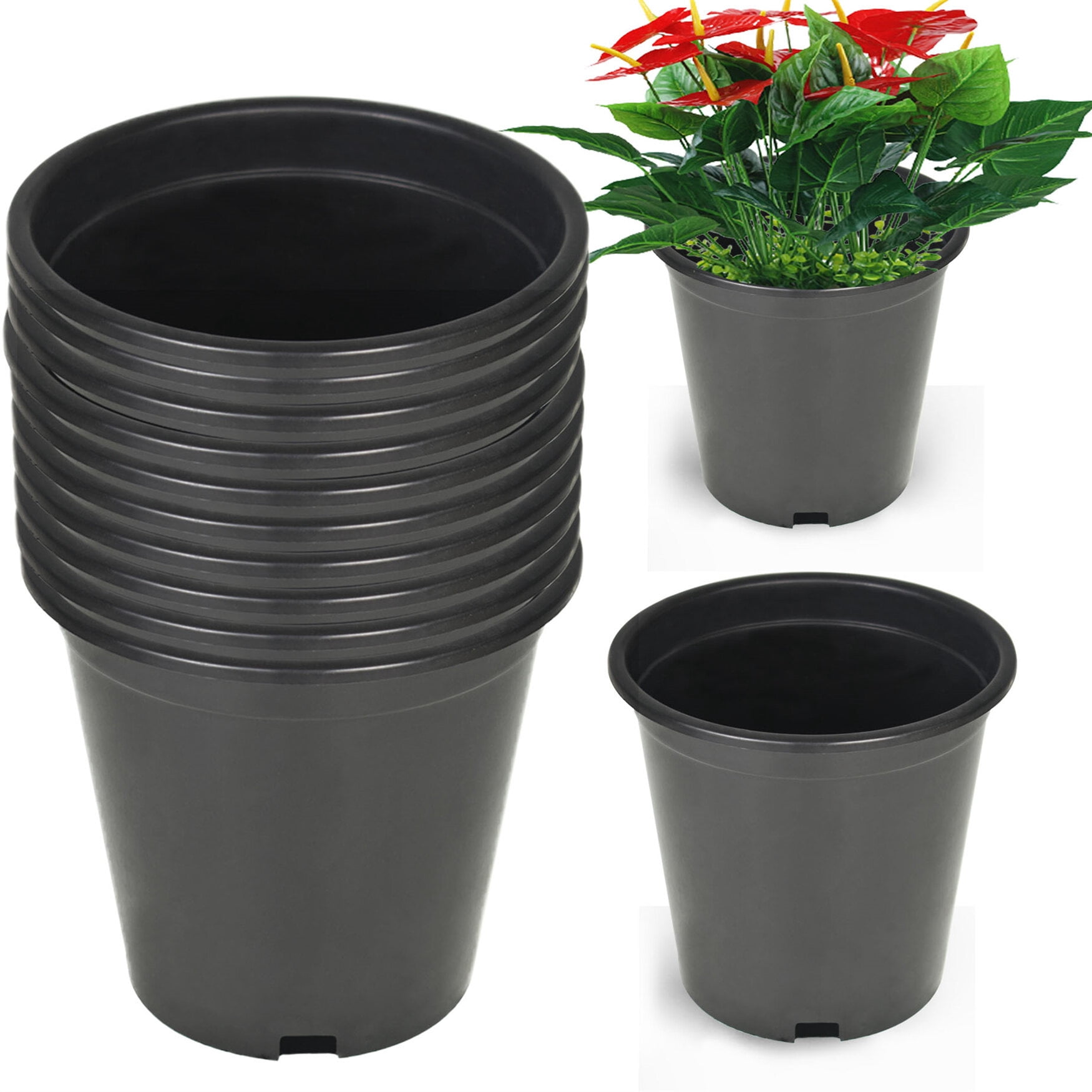 Garden Plastic Planter Nursery Pots - 10 Pcs 2 Gallon Round Black Nursery Pots for Indoor and Outdoor Plants with Drainage Hole