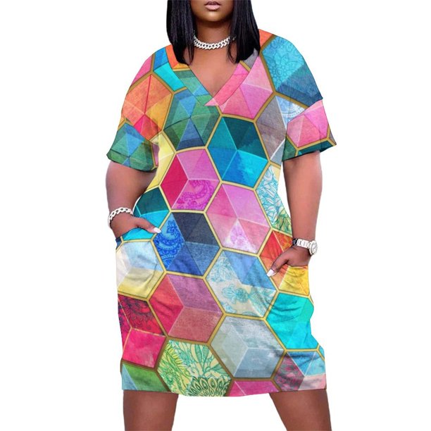 Vestido de verano con diseño hexagonal para mujer traje de estilo coreano con diseño de cubo de panal bohemio de cristal holgado con bolsillos