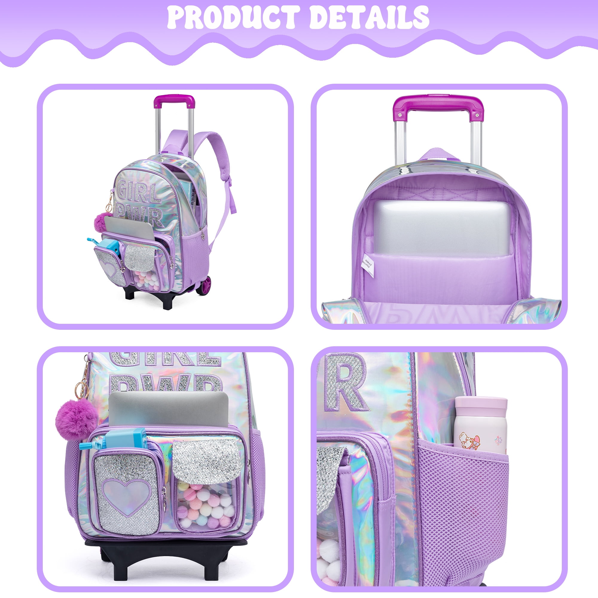 Sequin Kids Rolling Backpacks for Girls with Wheels Wheeled Backpack for School Lightweight Roller Bookbag Purple