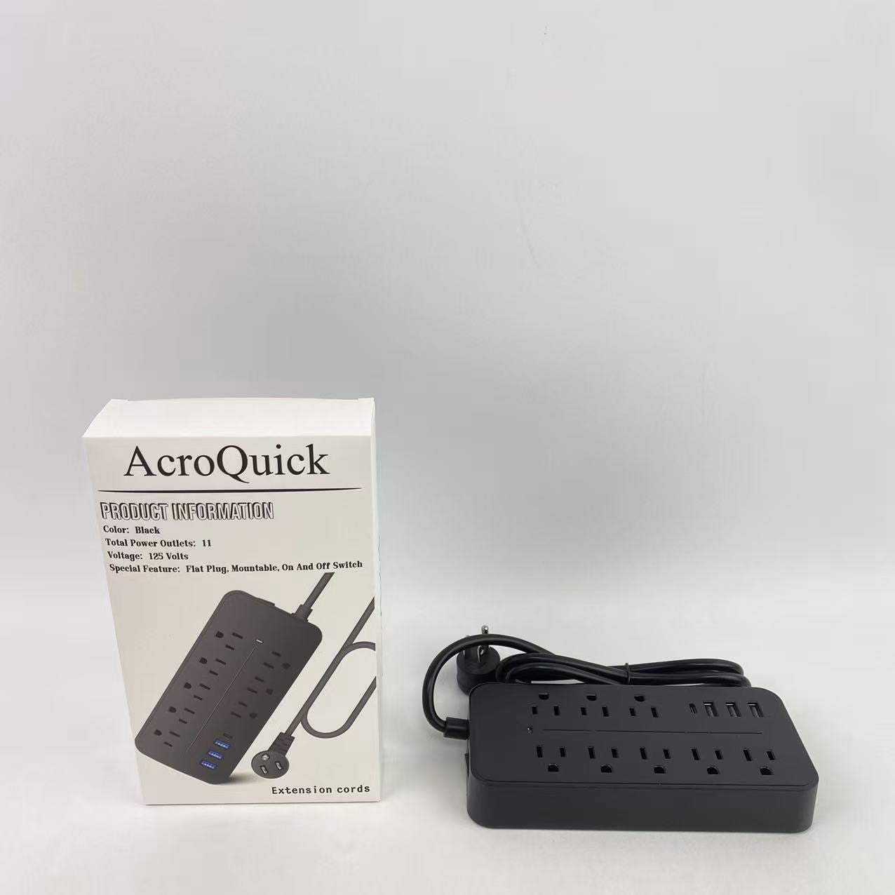AcroQuick Extension cords, Black Surge Protector with Outlets - Spacious Design for Large Plugs, Flat Plug, 20W USB C Charging for Home, Office