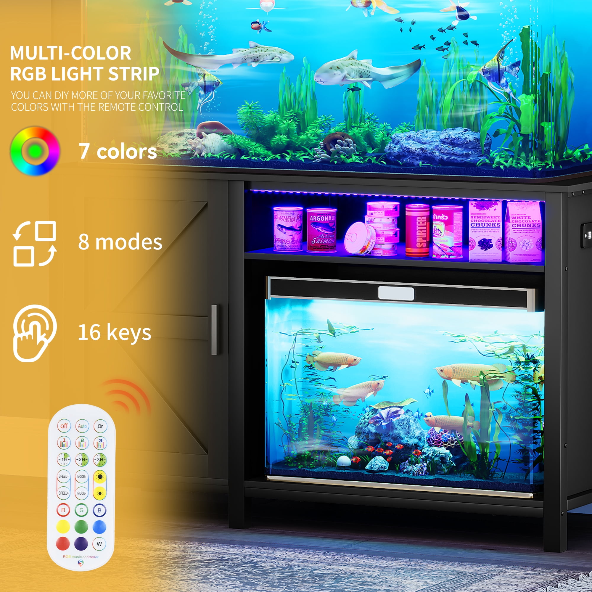 Uforic Fish Tank Stand with Electrical Sockets, Cabinet for 55-75 Gallon Aquarium, RGB Lighting Strip Ideal for Turtle Enclosure, Lizard Habitat, Supports up to 900 Pounds, Black