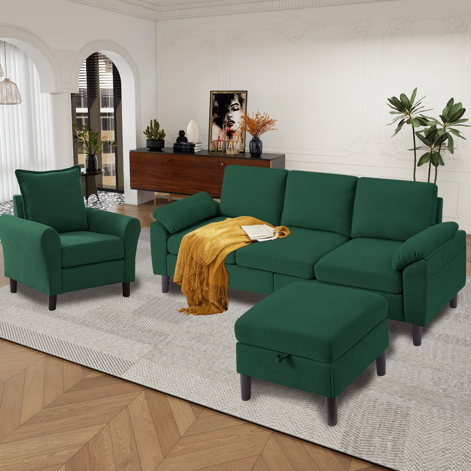 79" Convertible Sectional Sofa Set, Small L Shaped 3-Seat Couch with Reversible Chaise and Accent Chair, Modern Linen Sofas Couches for Living Room, Black