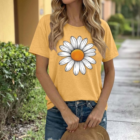 Womens Tops Round Neck Short Sleeves Daisy Print Summer Fitted Casual T-shirt Yellow M