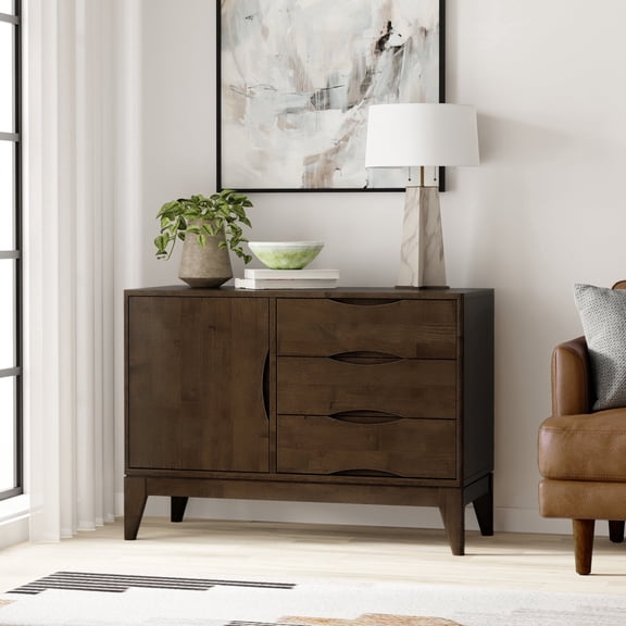 Simpli Home Harper Solid Wood 42 inch Wide Mid Century Modern 3 Drawer Sideboard in Walnut Brown