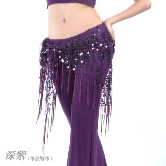 Zhuge Women's Belly Dance Hip Scarf, Sequin Tassel Tribal Triangle Wrap Skirt with Waist Chain, Purple