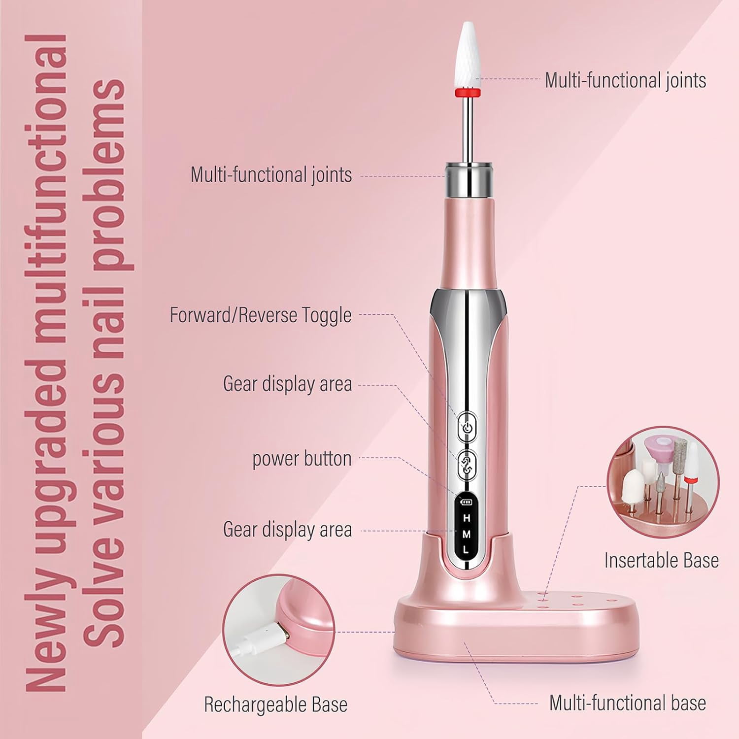 Professional Cordless Nail Drill Kit: 3-Speed Adjustable, Ultra-Quiet Electric Manicure Tool with 12 Bits & 31 Bands for Salon/Home Nail Art, Rechargeable & Portable