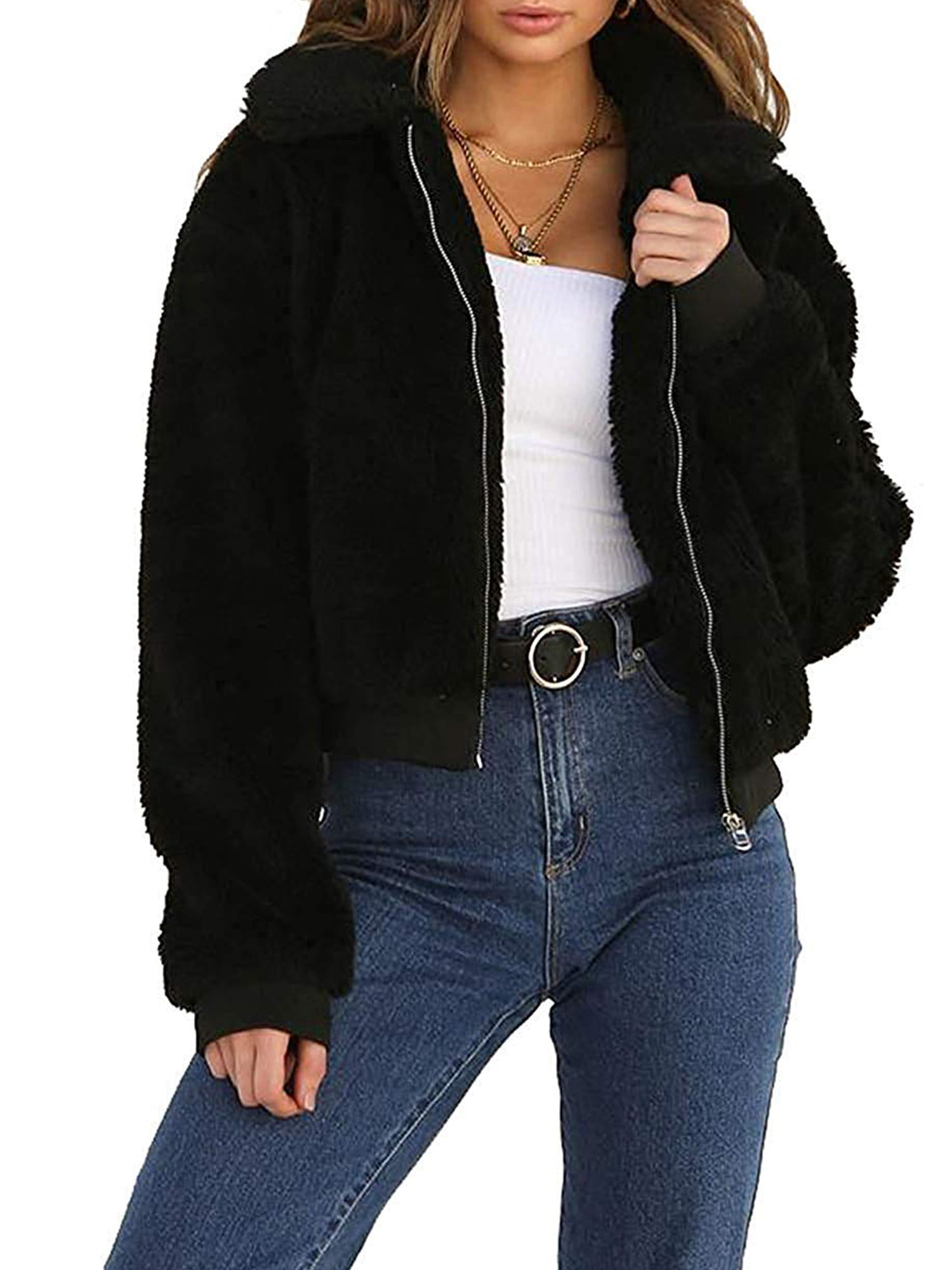 Xsylife Women's Teddy Bear Faux Fur Coats Thick Warm Fleece Fluffy Zip ...