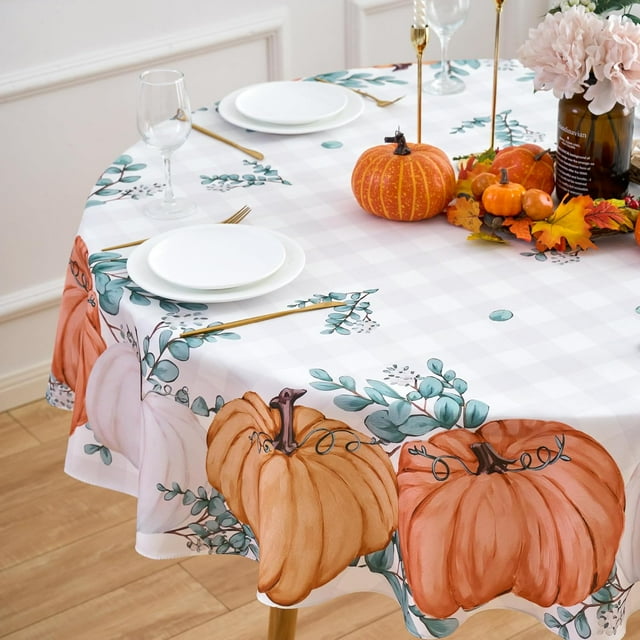 Nappe Ronde d'Automne Orange Citrouille 70 Pouces Action de Grâce Citrouille Carreaux Buffalo Nappe - Récolte d'Automne Polyester Housse de Table Réutilisable Résistante à l'Eau pour Fête des Fêtes Pique-Nique Extérieur