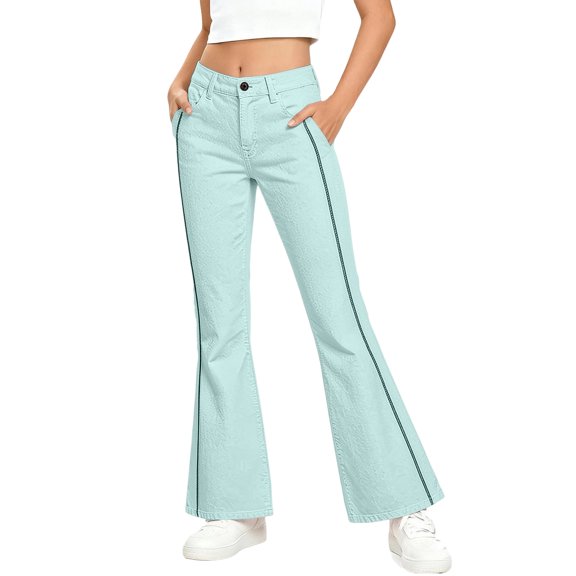OOOUM Girls Flare Jeans Bell Bottom Denim Pants Side Stripe Button Fly Casual Trousers Elastic Waist Stretch Bottoms , 9-10 Years
