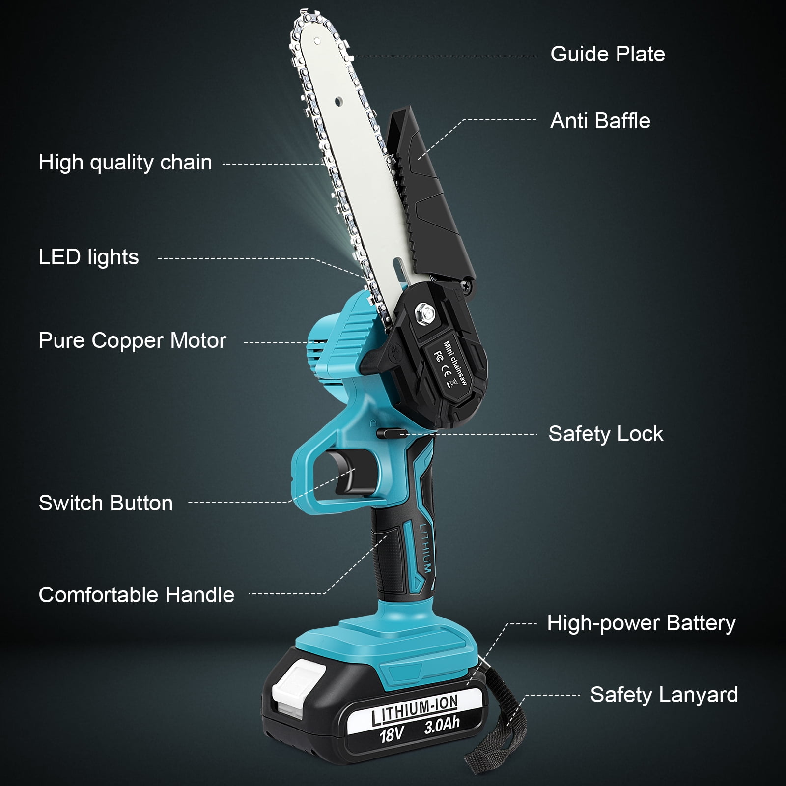 Huajiang Tech Mini Chainsaw 6" Battery Powered Chainsaw, One-Hand Use, 2PCS 3.0Ah Battery