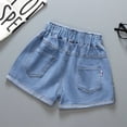 thumbnail image 2 of Girls Jean Shorts Summer Casual Denim Shorts Cute Bow Elastic Waist Boyshorts Fashion Beach Short Pants, Blue, 5-6 Years, 2 of 3