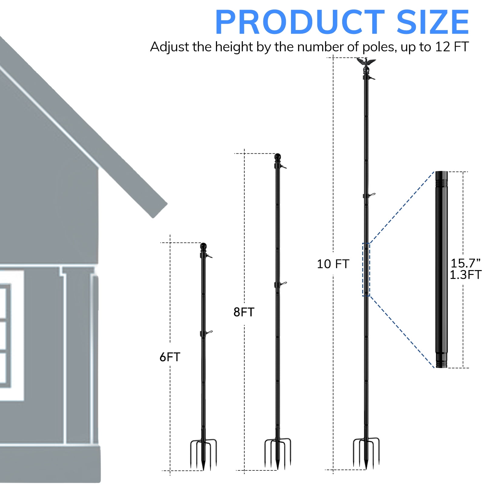 FIASON 10 FT Black Heavy Duty Tangle-Free Flag Pole, In-Ground Kit with Solar Light, American Flag, Eagle Topper & 5-Prong Base for Yard Garden Outdoor Use