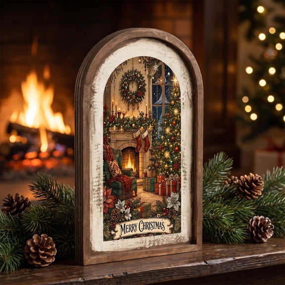 Vintage Christmas Wooden Frame Wall Art Hanging Decoration, Winter Classic Landscape Paintings Frame Rustic Distressed Finish Decor for Home Holiday Indoor Bathroom Wall Xmas Gift 4.92"x7.87"