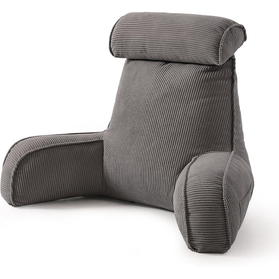Reading Pillow for Sitting Up in Bed, Sofa & Floor Corduroy Backrest Pillow with Arms, Side Pockets & Washable Cover, Back Support Cushion for Kids, Teens & Adults, Dark Grey