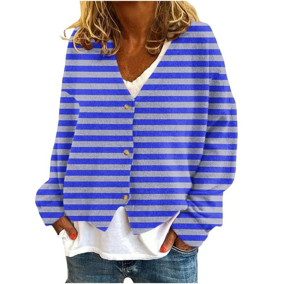 Lovskoo Women's Striped Cardigan Sweater Print Casual Fashion Long Sleeve Button Up Cardigan Jacket Coat Blue