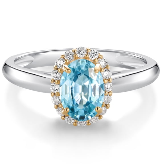 Gem Stone King 925 Sterling Silver and 10k Yellow Gold Blue Zircon and White Lab Grown Diamond Halo Engagement Ring for Women (1.38 Cttw, Gemstone December Birthstone, Oval 7X5MM, Size 6)