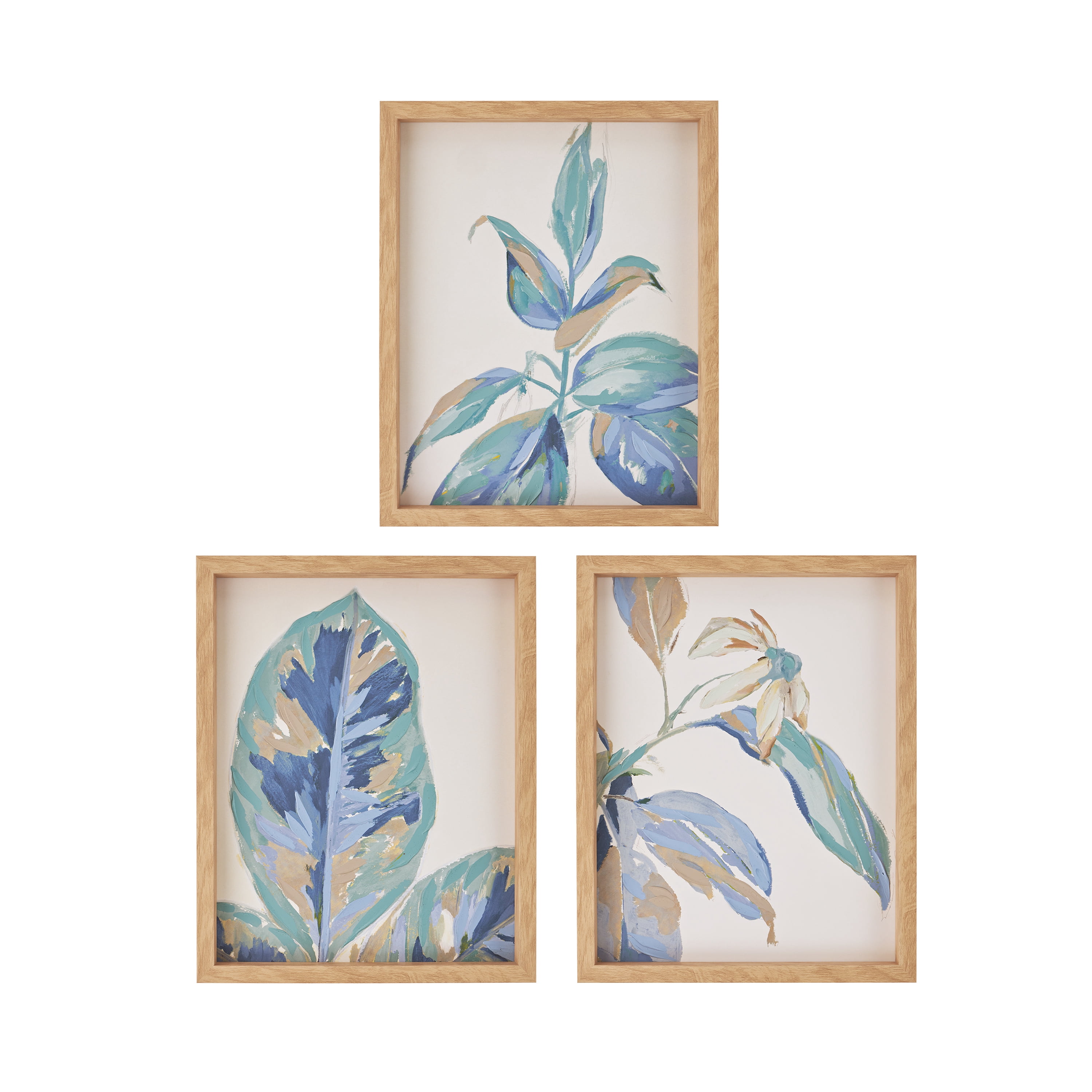 Beautiful Blue Spring Leaf 3-Piece Botanical Wall Art Set – 11x14 Framed Rectangle Prints in Hickory Frame – Modern Blue Green Foliage Home Décor