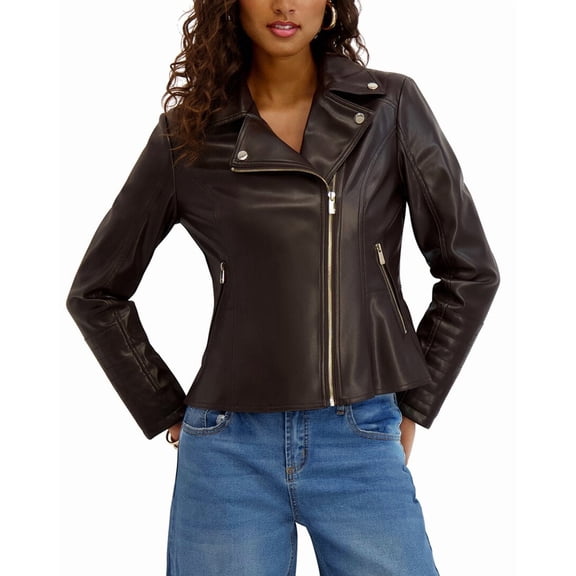 Kensie womens Peplum Moto Jacket, XL, Brown