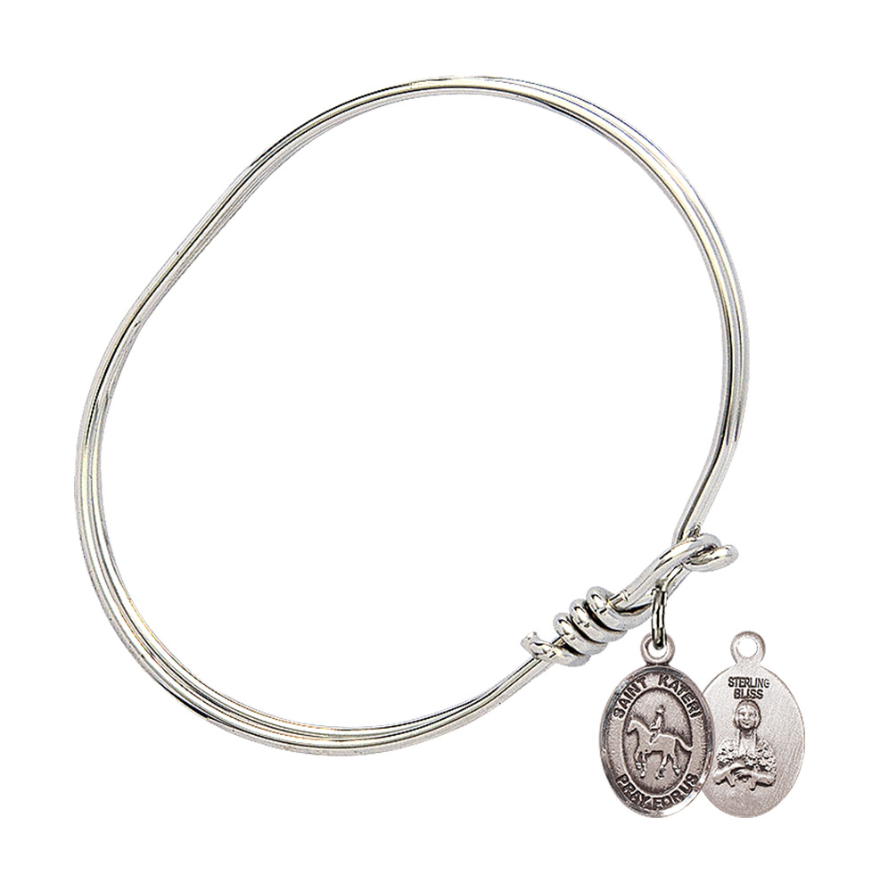 5 3/4 inch Oval Eye Hook Bangle Bracelet w/ St. Kateri/Equestrian in Sterling Silver