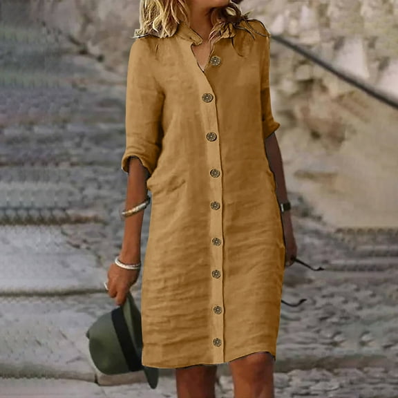 Women's Flowy Midi Shirt Dress Casual Lapel Button Down Comfortable Stylish Summer Outfit Versatile