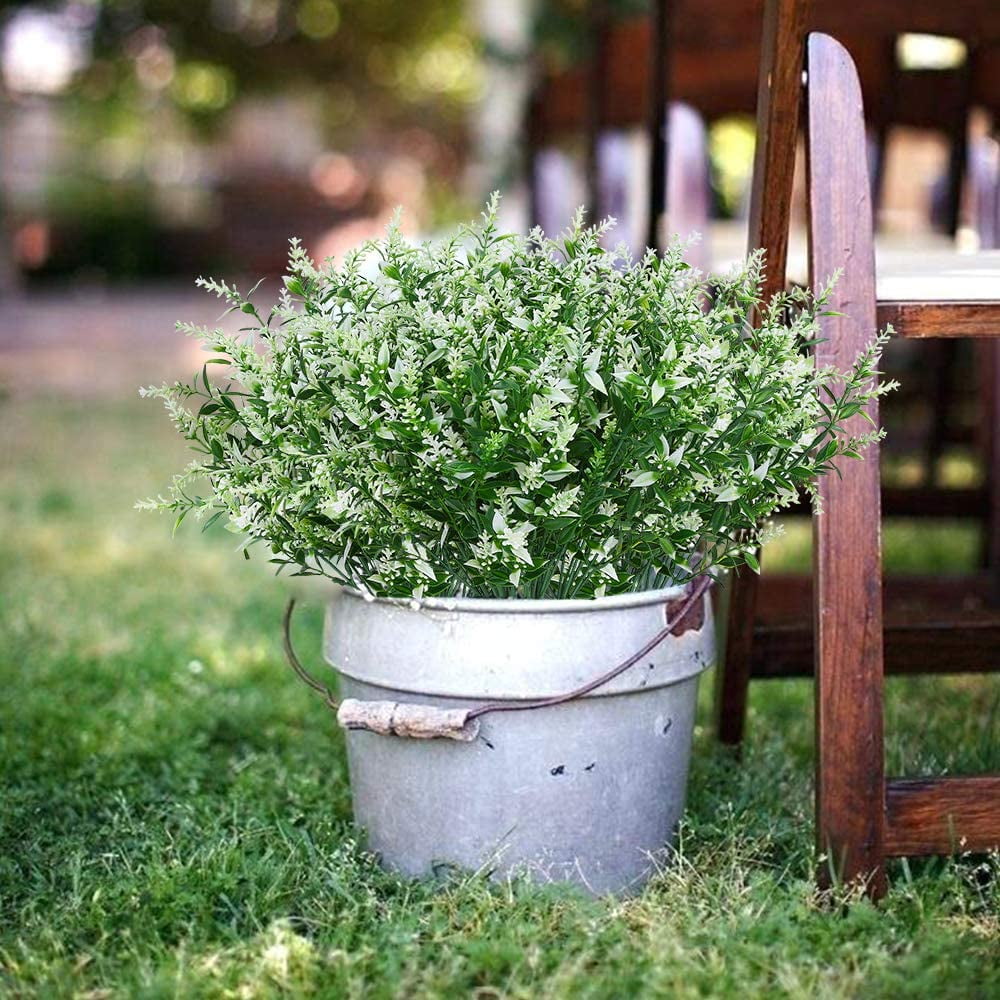 Baumaty 8 Bundles Outdoor Artificial Lavender Fake Flowers UV Resistant Shrubs, Faux Plastic Greenery for Indoor Outside Hanging Plants Garden Porch Window Box Home Wedding Farmhouse Decor (White)