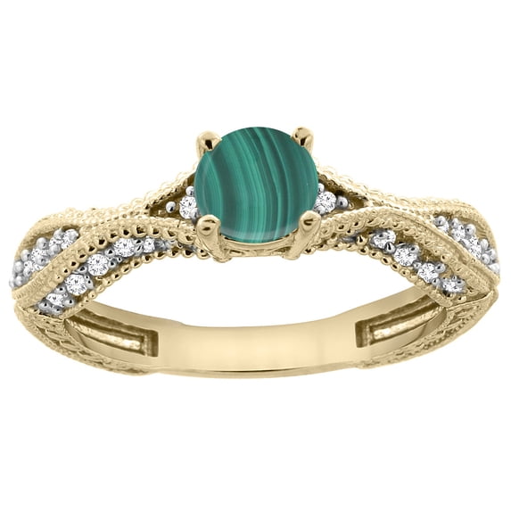 14K Yellow Gold Natural Malachite Round 5mm Engraved Engagement Ring Diamond Accents, size 7