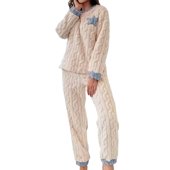 sususu Sweat Set for Women,Matching Set Women's Winter Warm Coral Two Piece Set Long Sleeve Trousers Outfit With Embroidered Star Jacquard Design - Blue