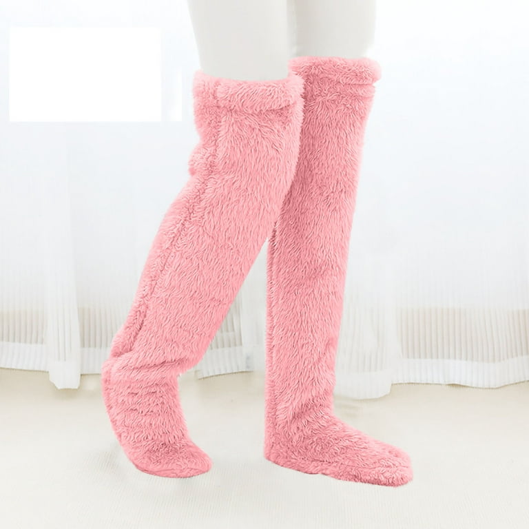 Penkiiy Over Knee High Fuzzy Socks Plush Slipper Stockings Furry Long Leg  Warmers Winter Home Sleeping Socks Leg Warmers for Women Pink 