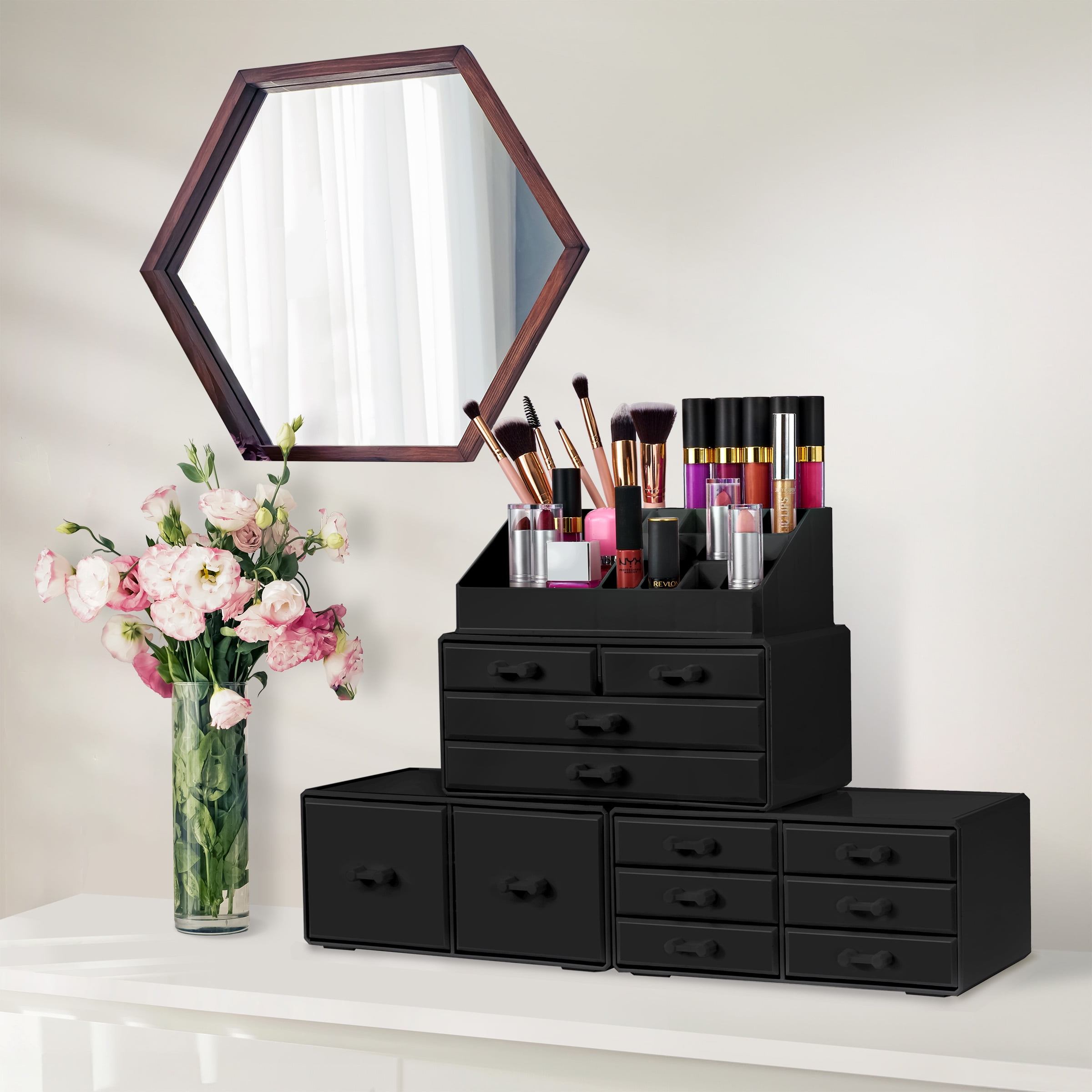Sorbus 12-Drawer Stackable Makeup Organizer with Brush & Lipstick Holder for Vanity/Bathroom, Black