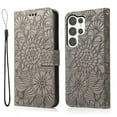 thumbnail image 2 of For Samsung Galaxy S24 Ultra Case, Premium Leather Magnetic Closure Flip Wallet Case with Card Holder Cash Slot Stand Function Embossed Flower Pattern Slim Shockproof Lanyard/Strap Cover,Gray, 2 of 7