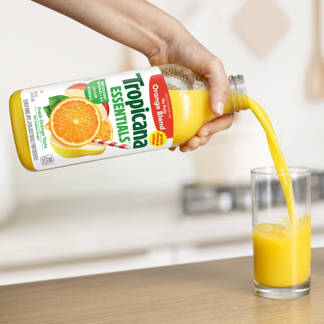 Tropicana Essentials Flavored Orange Juice Beverage Blend With Other Fruit, No Pulp, 46 fl oz Bottle