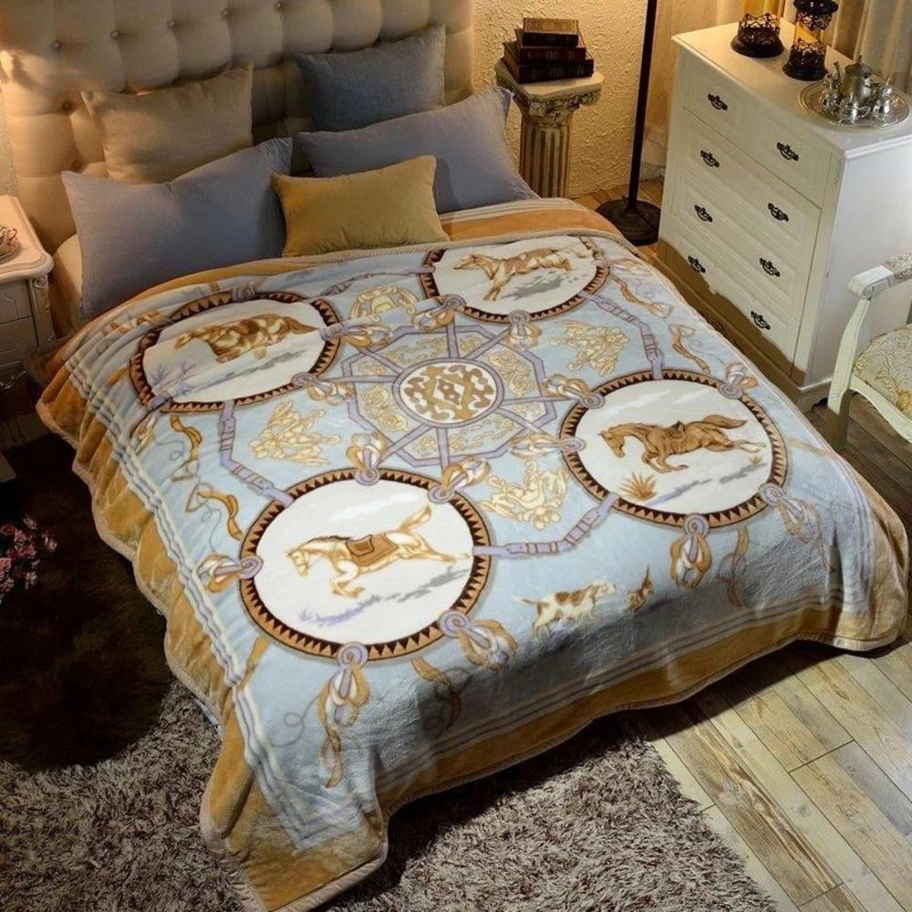 DBOZE Thick Warm Korean Mink Blanket King Size, 2 Ply Reversible Velvet Fleece with Horse Design, Ultra Soft Cozy Winter Bed Throw, Luxury Blue Gold