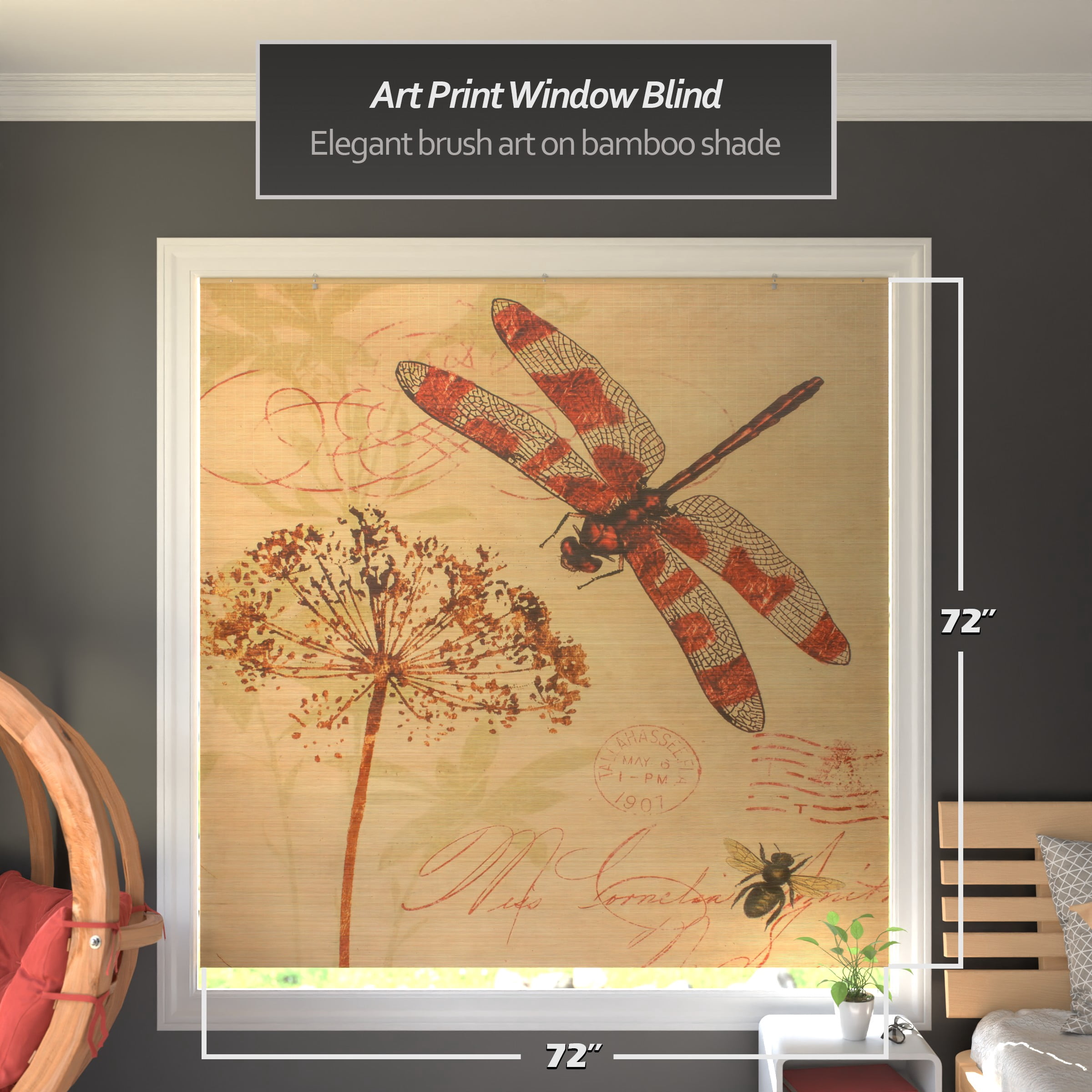 Red Lantern Bamboo Window Shade Blind - Dragonfly 72" W