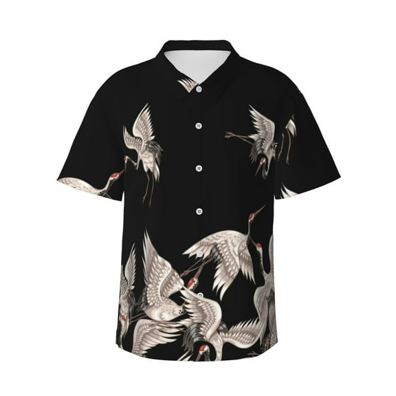 Fuzoiu Japanese White Crane Print Hawaiian Shirt for Men, Summer Beach Casual Short Sleeve Button Down Shirts, Men’s Beach Summer Shirts with Pocket,Small
