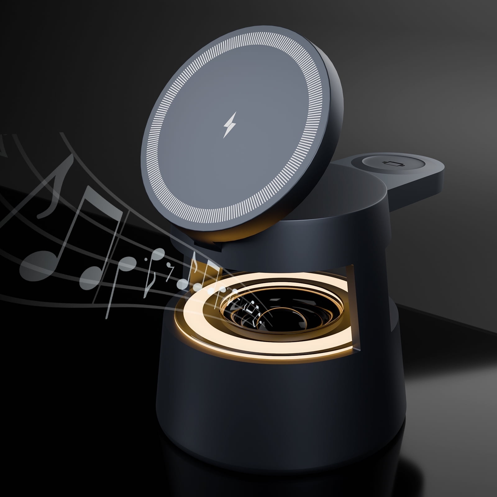 5-in-1 Wireless Charging Station Speaker,15W Fast Wireless Charger Bult-in Bluetooth Speaker,3 Night Light with HD Sound & Phone Holder for Apple Mag Safe iPhone Android, Desktop Home Office
