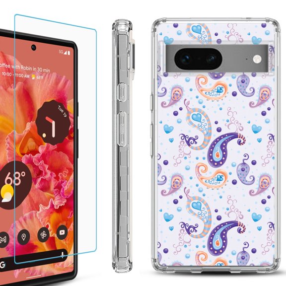 OneToughShield ® for Google Pixel 7a Shockproof Bumper Phone Case, with Tempered Glass Screen Protector - Paisley Purple