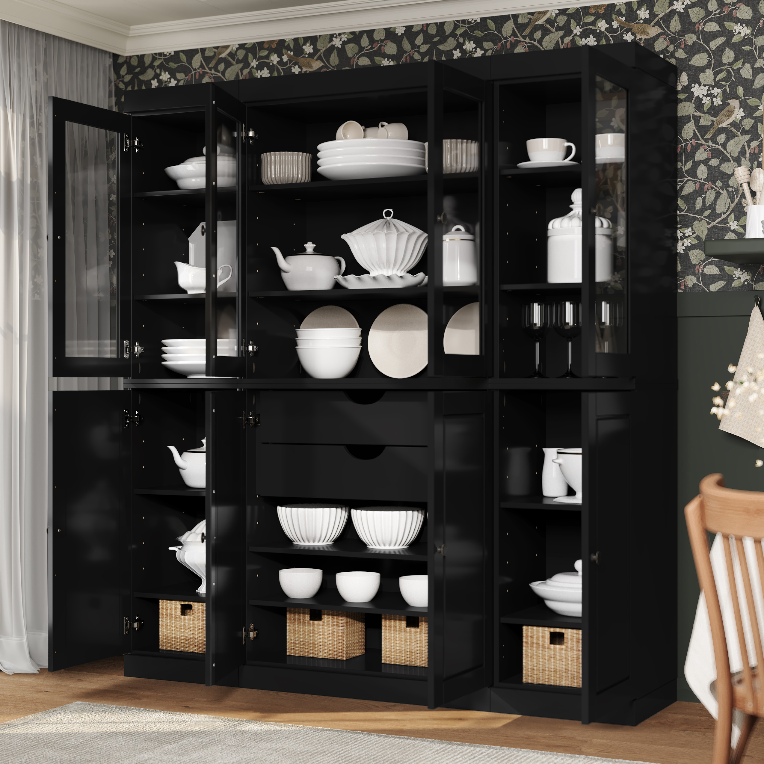 Palace Imports 100% Solid Wood Kitchen Pantry Storage Cabinet with Glass Doors, Adjustable Shelves and 2-Drawers, Black