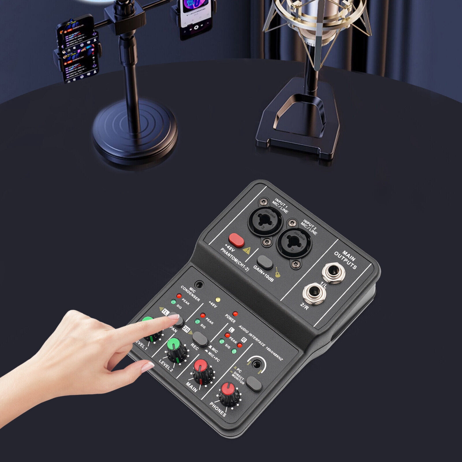Miumaeov 2 Channel Mini Audio Mixer Bluetooth USB DJ Sound Mixing Console Amplifier for Studio Live Show Party Recording
