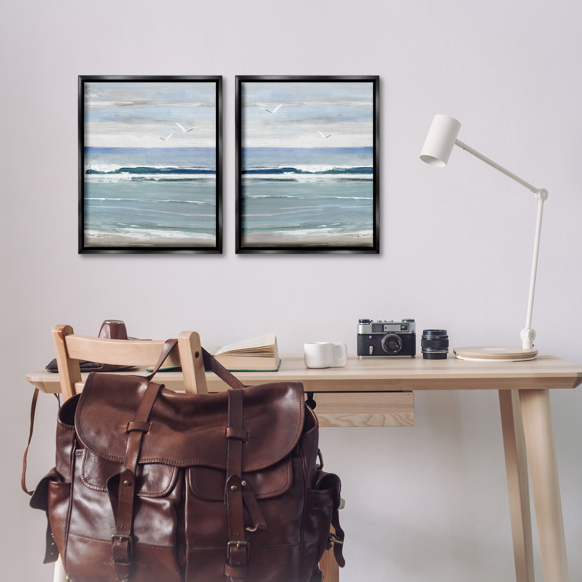 Stupell Industries Seagulls over Beach Waves Landscape Painting Black Floater Framed Canvas Art Print Wall Art, 17 x 21, Set of 2