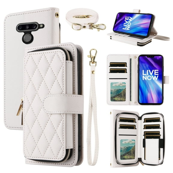 Dswteny Argyle Wallet Case for LG V40 ThinQ with Wrist Strap Shoulder Strap, PU Leather Flip Credit Card Holder Cell Phone Cover for LGV40 Storm V 40 Thin Q V40ThinQ LG40 40V 40ThinQ Girls White
