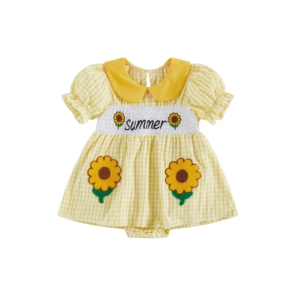 BemeyourBBs Newborn Baby Girl Summer Clothes Smocked Romper Dress Infant Baby Girls Summer Sunflower Dress Outfit Cute Embroidery Collar Short Bubble Sleeve Plaid Print Jumpsuit Playsuit