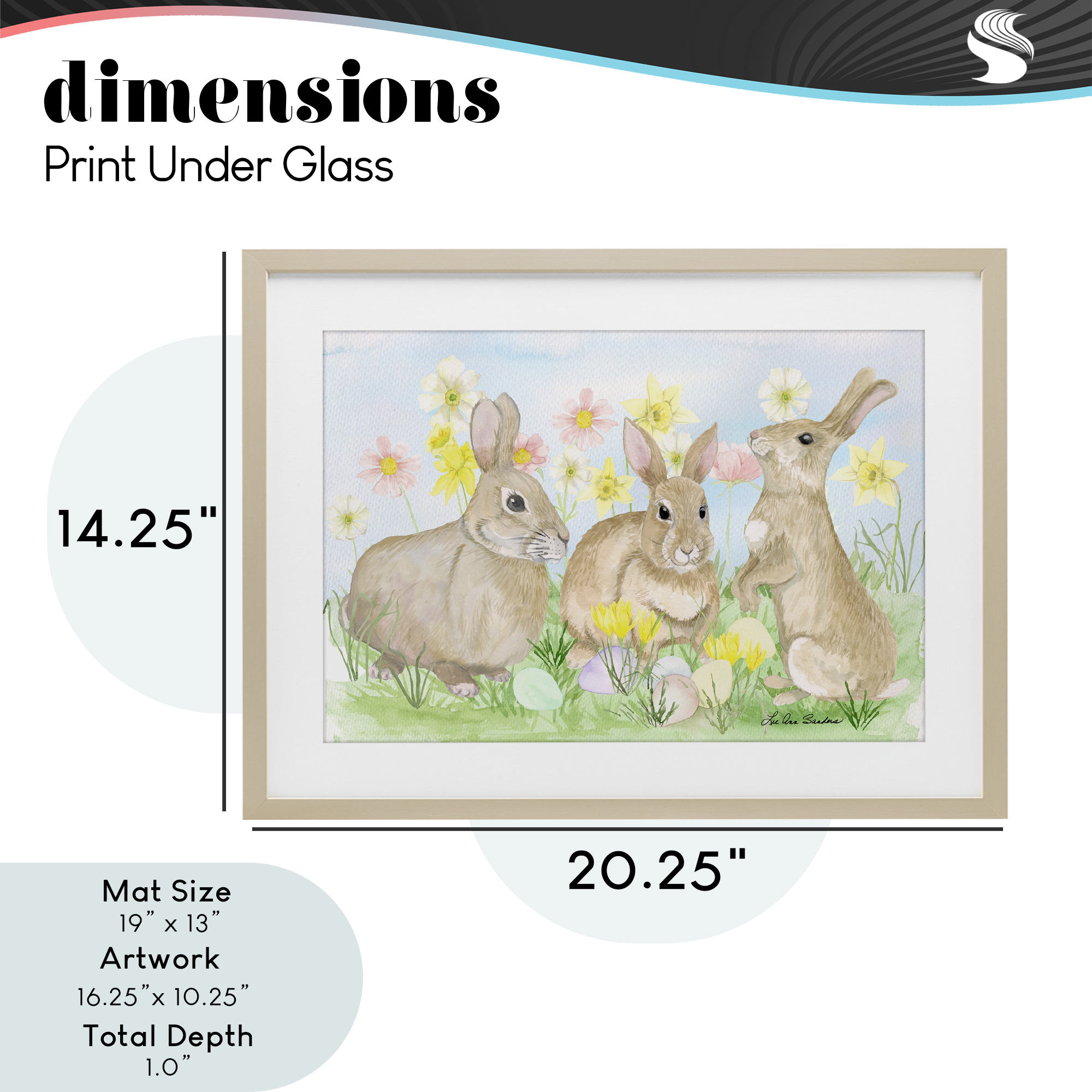 Three Bunnies In The Grass Birch Framed Print Under Glass, design by Lee Ann Sanders