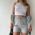 thumbnail image 2 of Pyhlmscde Women's Solid Color Wrinkle Cloth Lapel Long Sleeve Slit Shirt High Waist Shorts Large Size Fashion Casual Suit, Lounge Sets for Women, 3 Piece Sets for Women Summer Gray M, 2 of 7