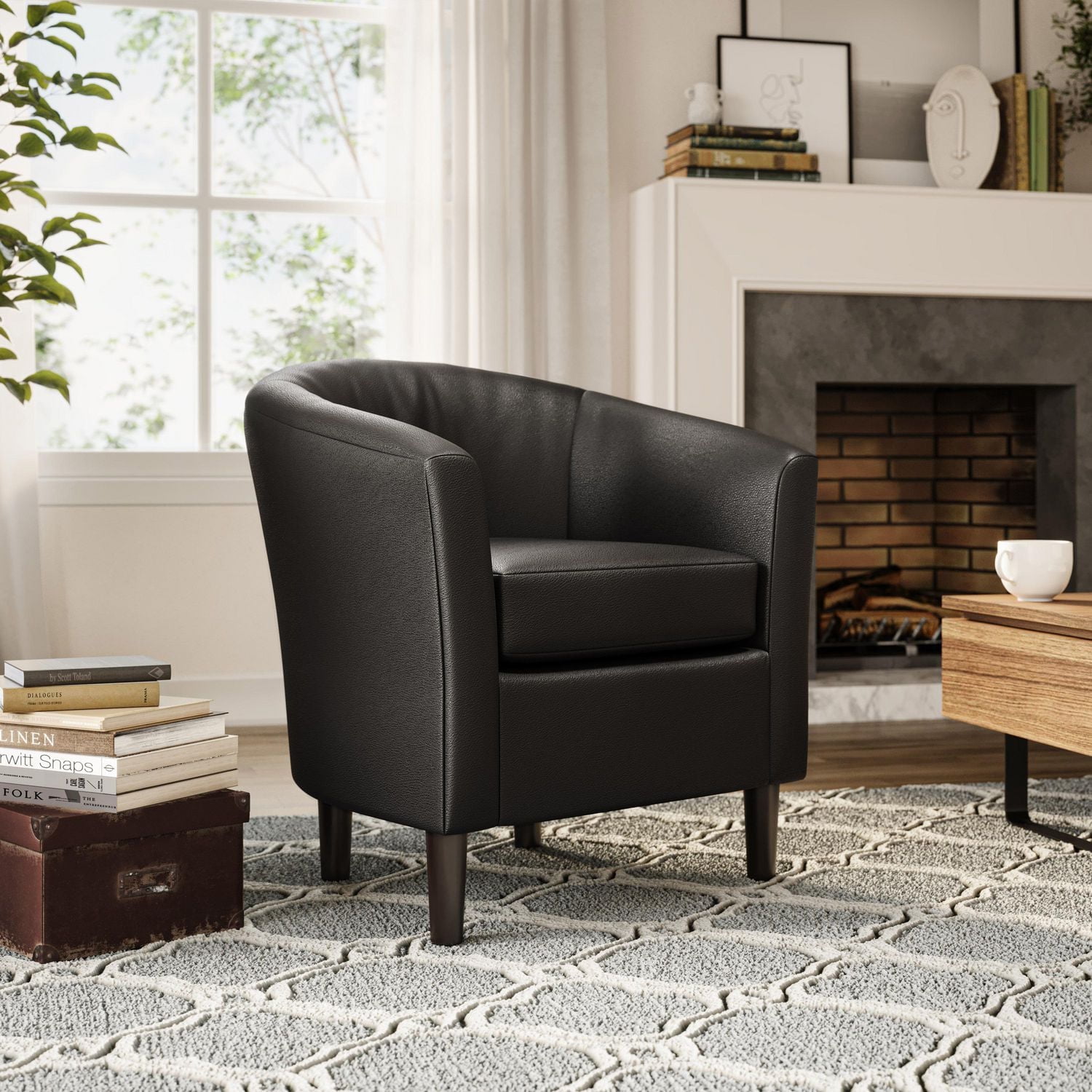 CorLiving Sasha Faux Leather Upholstered Indoor Barrel Accent Chair with Wood Frame