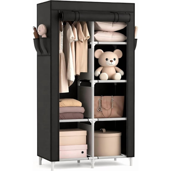 Portable Closet Wardrobe Closet for Hanging Clothes with 6 Storage Shelves, 1 Hanging Rod and 4 Pockets, Free Standing Closet Clothes Organizer for Bedroom, Sturdy and Easy Assemble