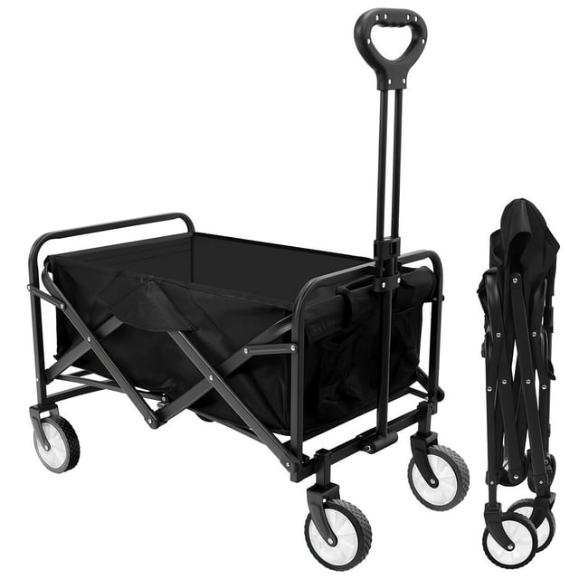 Foldable Utility Wagon - 220 lb Outdoor Folding Cart, Black | Steel Frame, 360° Wheels, Adjustable Handle, No Assembly - Compact & Durable