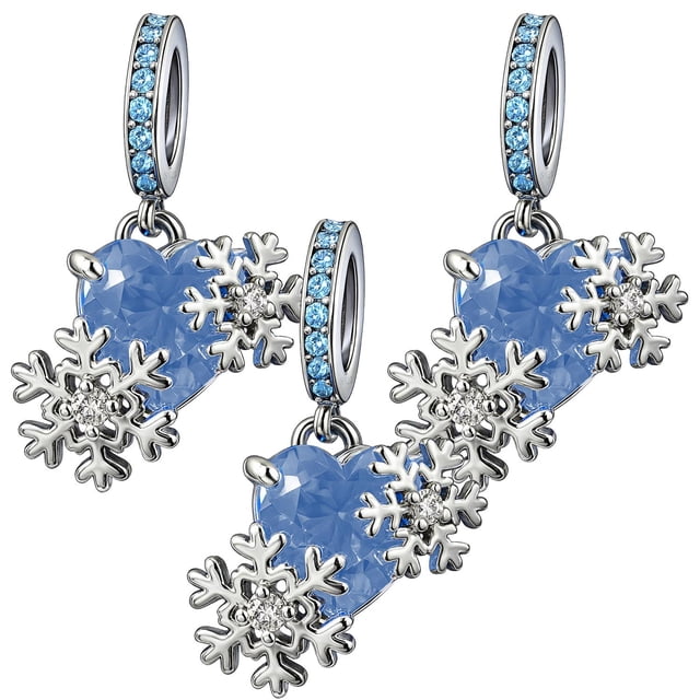 Charm navidad copos hielo plata XmasHeart02 3Pzas Plata S925 Chapa Colgante Fijo Corazón/Copos Plata/Azul Caja Blanca 4x