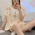 thumbnail image 1 of Conjunto de pijama de manga corta para mujer, ropa de dormir cómoda con encaje de algodón, con estampado, para verano, 1 of 4